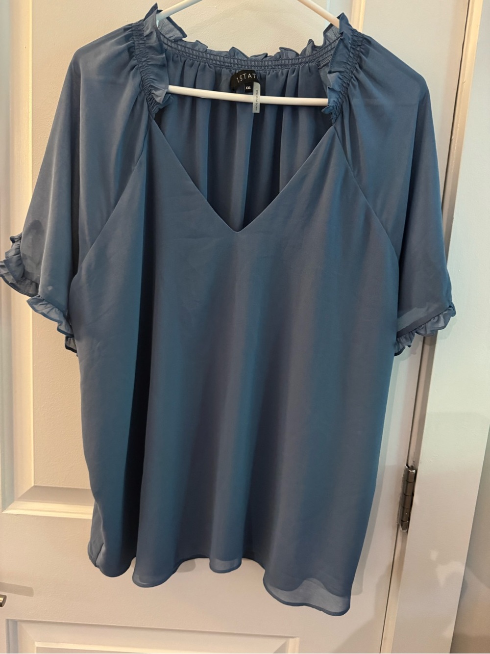 1. State Dusty Blue V-Neck Ruffle Sleeve Blouse